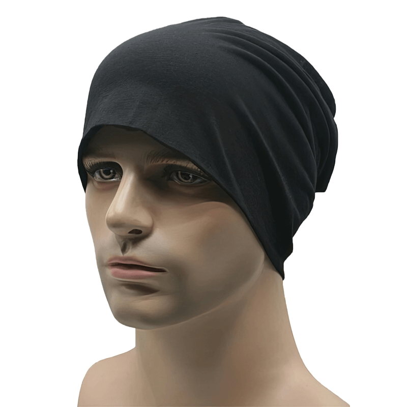 Black windproof thin elastic sports beanie for men SF1698, lightweight cotton, stylish and breathable outdoor accessory.